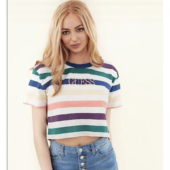 Guess Originals 1981 Gray Multi-Color Stripe Short Sleeve Crop Guess Logo SP - Picture 1 of 9